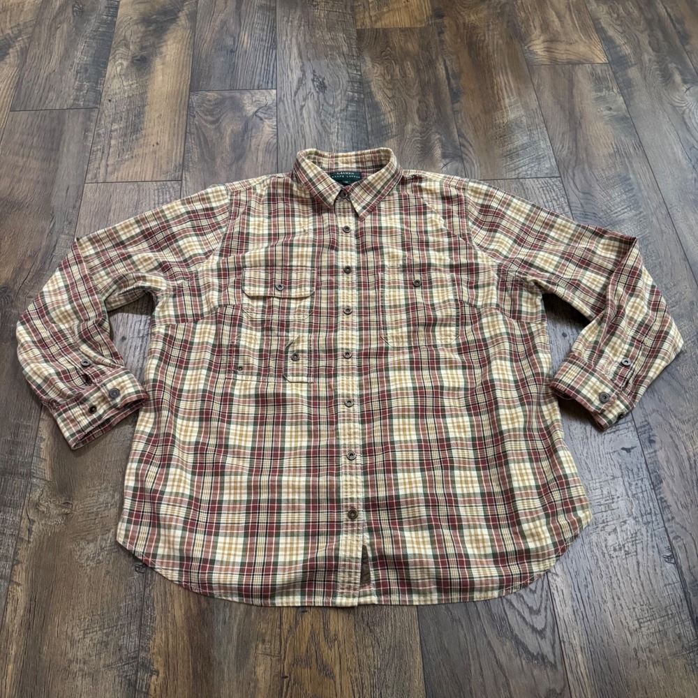 Lauren Ralph Lauren Plaid Button Down Shirt Womens 1X Green‎ Red Cotton Utility